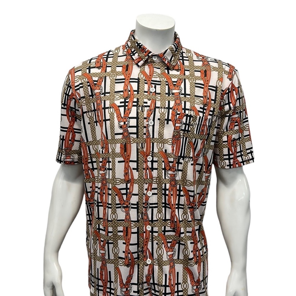Venezzi White Orange Brown Belt Patterned Design Vintage Retro Disco Shirt XL